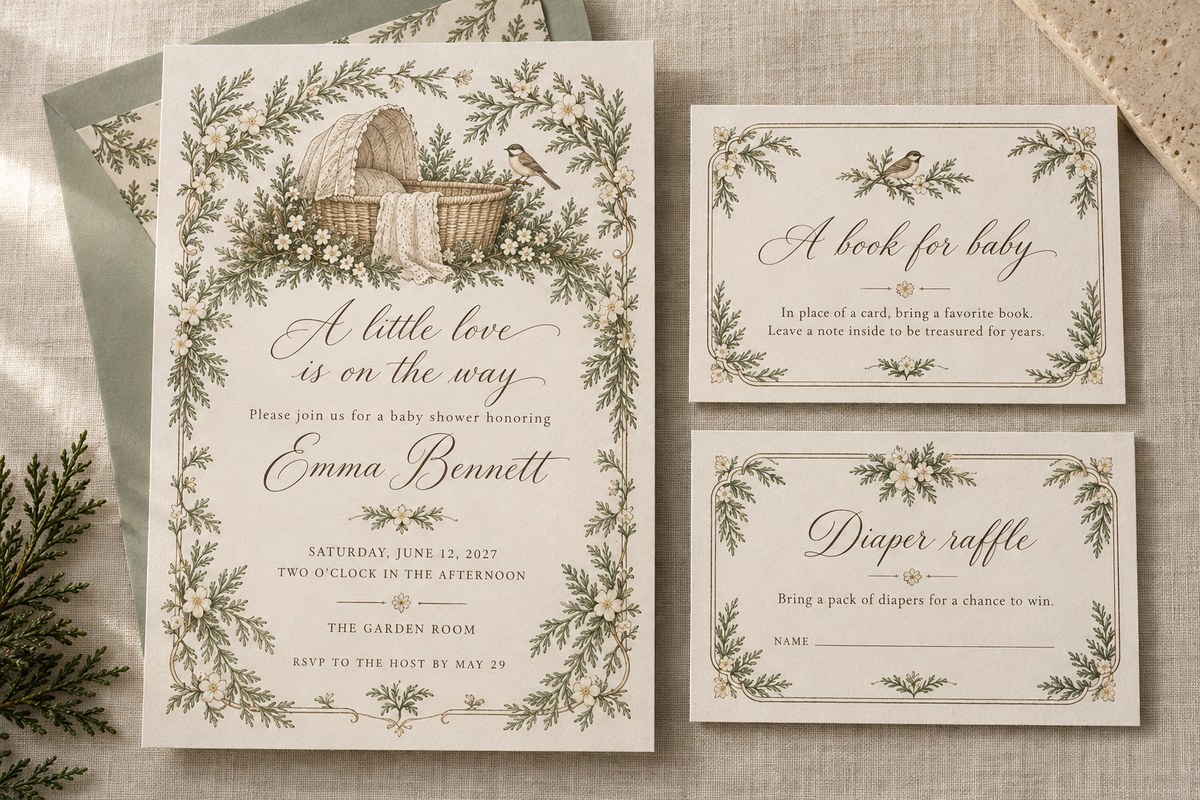 Baby shower stationery and keepsakes styled on warm ivory linen.
