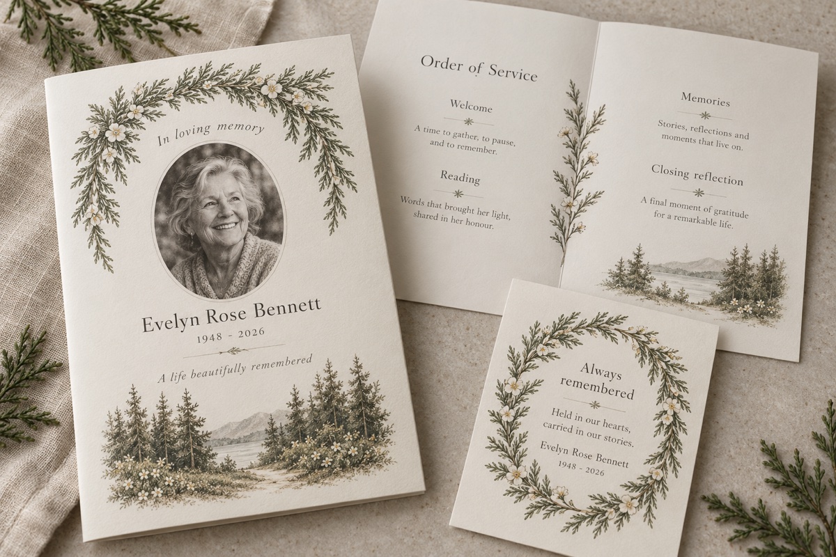 Memorial stationery arranged with restrained botanical styling on linen.