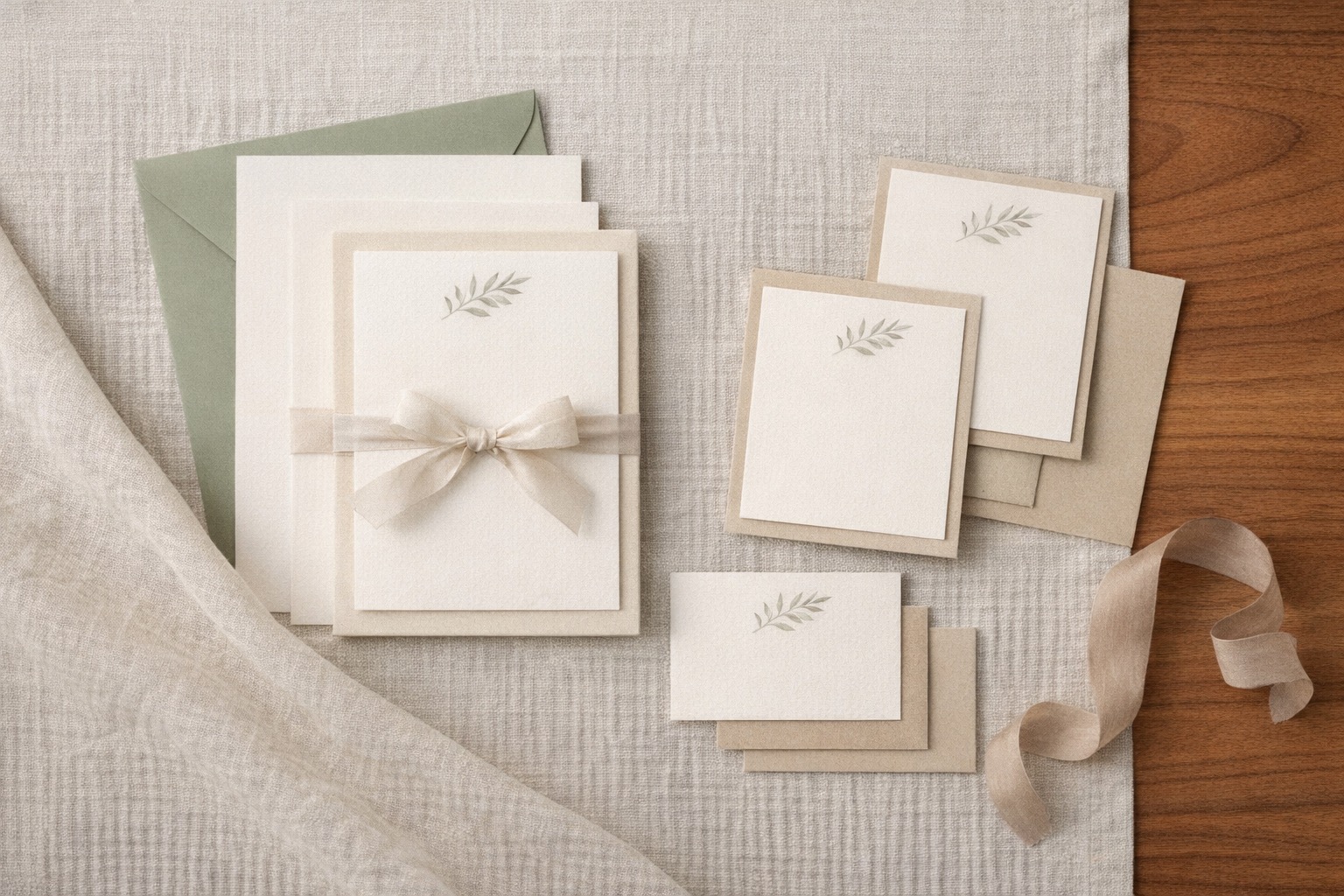 Featured collection of premium blank template stationery on linen and cedar.